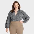 Women's Plus Size Balloon Long Sleeve Popover Blouse - A New Day White Check