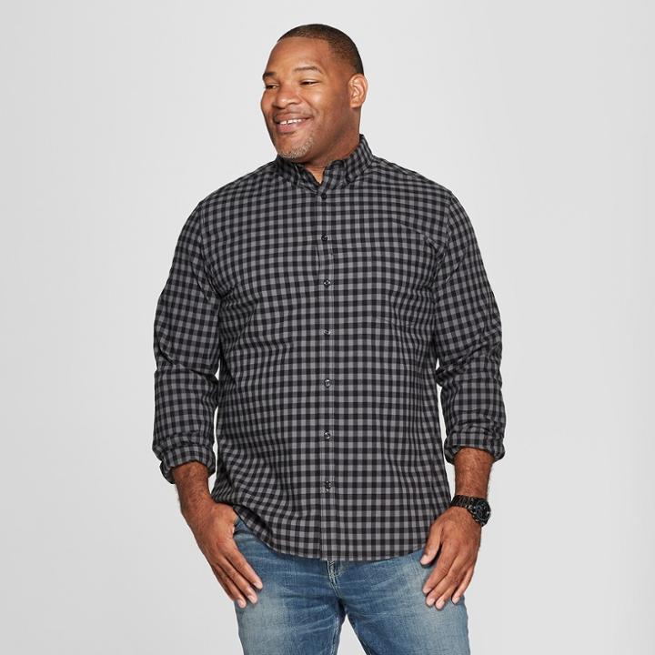 Men's Tall Plaid Long Sleeve Standard Fit Northrop Poplin Button-down Shirt - Goodfellow & Co Charcoal (grey)