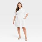 Women's Plus Size Flutter Short Sleeve Knit Woven Dress - A New Day White
