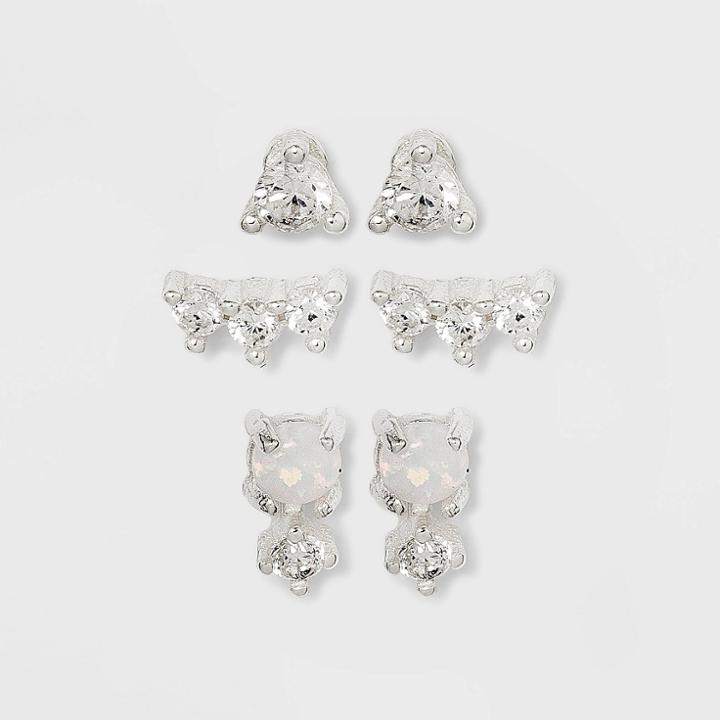Sterling Silver Cubic Zirconia And Faux Opal Stud Earring Set 3pc - A New Day