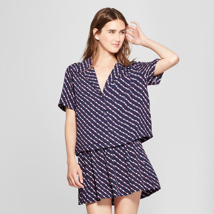 Women's Polka Dot Short Sleeve Cropped Pajama Shirt - Who What Wear Navy