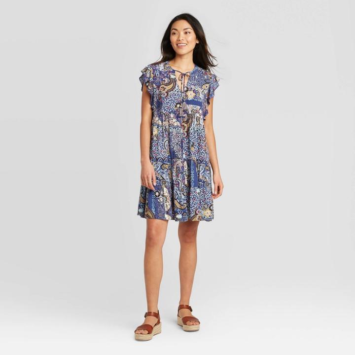 Women's Floral Print Flutter Short Sleeve Dress - Knox Rose Navy Xs, Women's, Blue