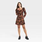 Women's Puff Long Sleeve Ruched Front Dress - A New Day Brown/black