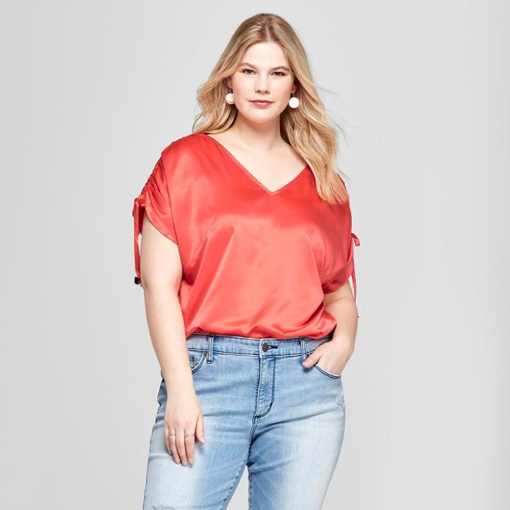 Women's Plus Size Woven Stretch Short Sleeve Top - Ava & Viv Orange X