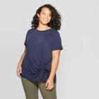 Women's Plus Size Short Sleeve Crewneck Sandwash Side Twist Top - Ava & Viv Navy X, Blue