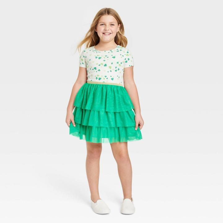 Girls' Tiered Tulle St. Patrick's Day Short Sleeve Dress - Cat & Jack Cream