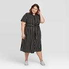 Women's Plus Size Striped Short Sleeve Collared Neck Shirtdress - Ava & Viv Black X, Women's, Black Beige Beige