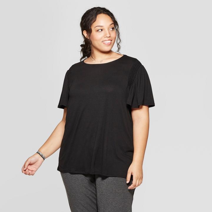 Women's Plus Size Short Sleeve Crew Neck Smocked Detail Knit T-shirt - Ava & Viv Black