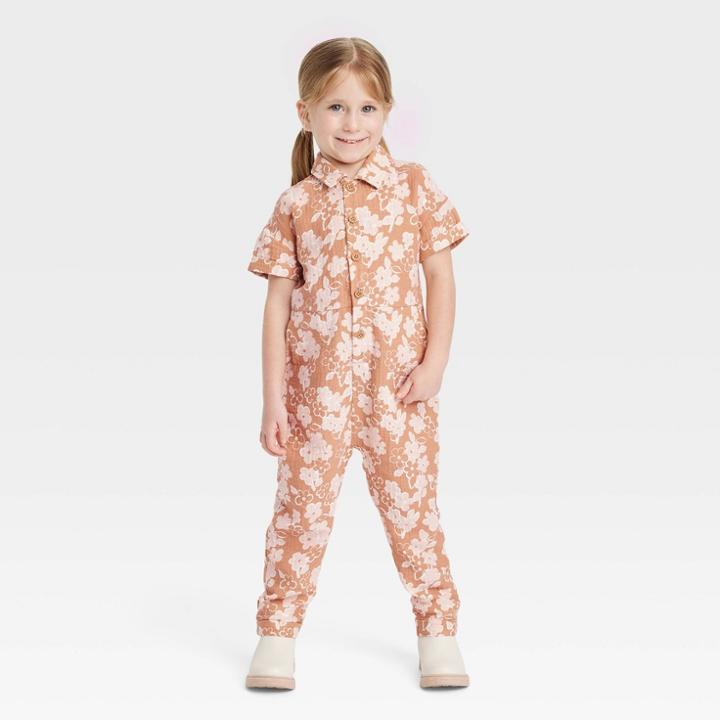 Grayson Collective Toddler Girls' Gauze Floral Short Sleeve Jumpsuit - Rust Orange