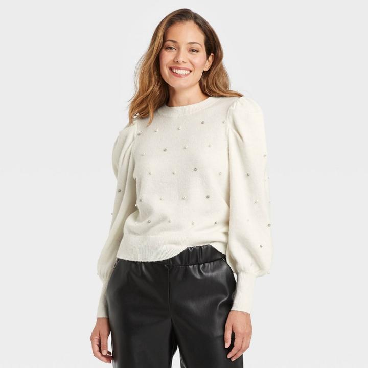 Women's Crewneck Embellished Pullover Sweater - A New Day Cream