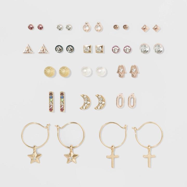 Hamsa, Crescent Moon, Star, And Cross Multipack Earring Set 18ct - Wild Fable, Women's,