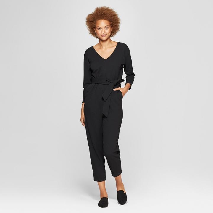 Women's 3/4 Sleeve V-neck Belted Jumpsuit - Prologue Black