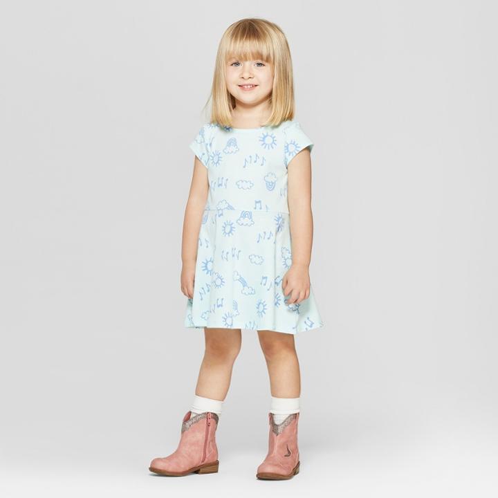 Toddler Girls' Short Sleeve Rainbow Doodle All Over Print Dress - Cat & Jack Aqua