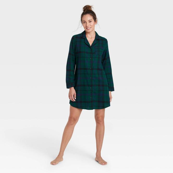 Women's Perfectly Cozy Plaid Flannel Nightgown - Stars Above Green