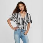 Women's Striped Short Sleeve Smocked Corset Top - 3hearts (juniors') Cream M, Black Off-white
