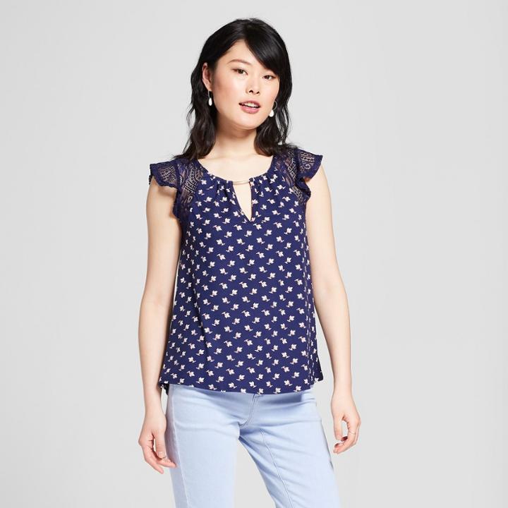Women's Floral Print Short Sleeve Lace Sleeve Top - 3hearts (juniors') Navy