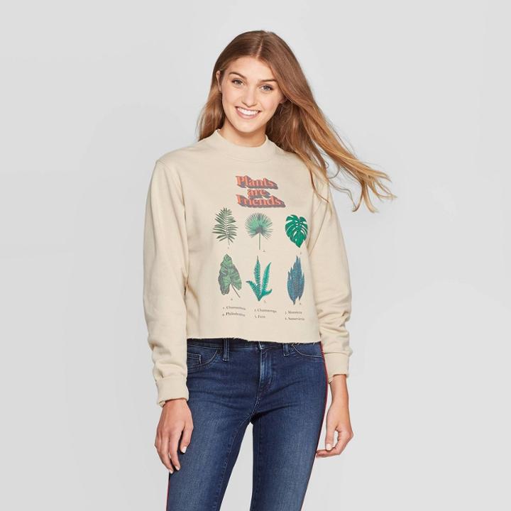Mighty Fine Women's Plants Are Friends Long Sleeve Graphic Cropped Sweatshirt (juniors') - Cream Xxl, Women's, Beige