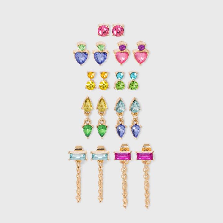 Crystal Studs Multi-earring Set 9pc - Wild Fable , Gold/grey/nickel