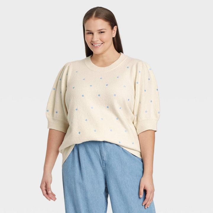 Women's Plus Size Crewneck Pullover Sweater - Who What Wear Cream Polka Dots 1x, Ivory Polka Dots