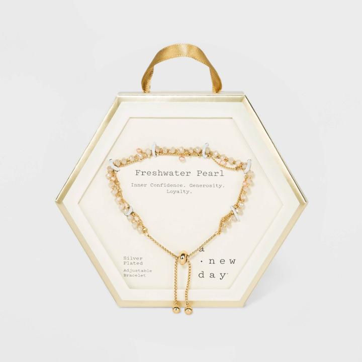 Gold Plated Pearl And Crystal Beaded Triple Strand Adjustable Bracelet - A New Day White, Women's,