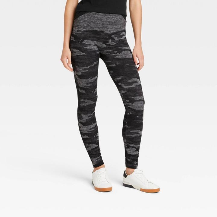 Women's Camo High-waist Seamless Cotton Blend Camo Leggings - A New Day Black