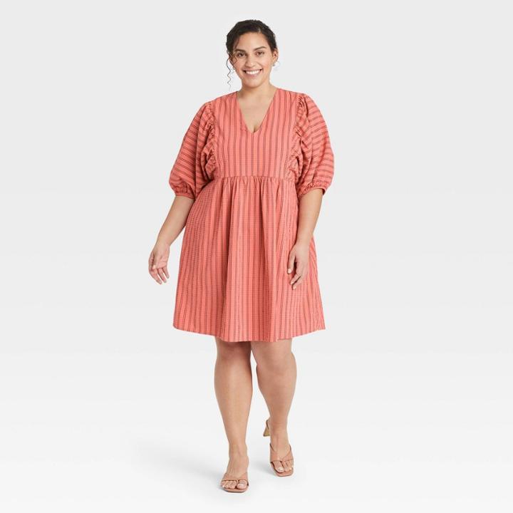 Women's Plus Size Puff Short Sleeve Dress - A New Day Orange