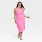 Women's Plus Size Sleeveless Rib Knit Side Ruched Dress - A New Day Pink