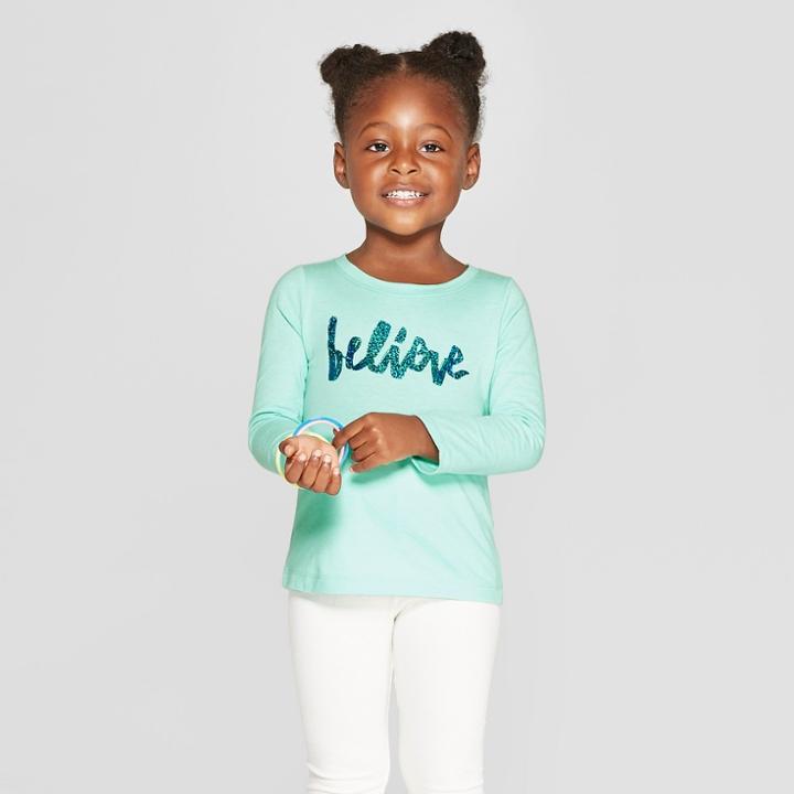 Toddler Girls' Long Sleeve 'believe' Graphic T-shirt - Cat & Jack Aqua