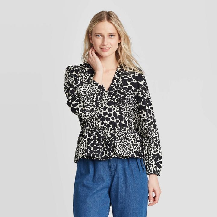 Women's Leopard Print Long Sleeve Wrapped Peplum Top - Who What Wear Black