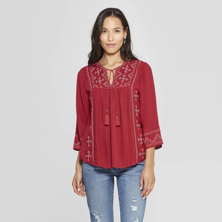 Women's 3/4 Sleeve V-neck Blouse - Knox Rose Red