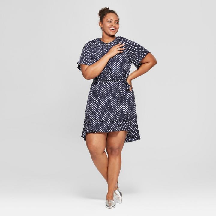 Women's Plus Size Polka Dot Flutter Sleeve High-low Dress - Ava & Viv Navy X, Blue