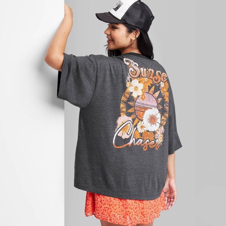 Women's Short Sleeve Oversized Graphic T-shirt - Wild Fable Dark Gray Xxs