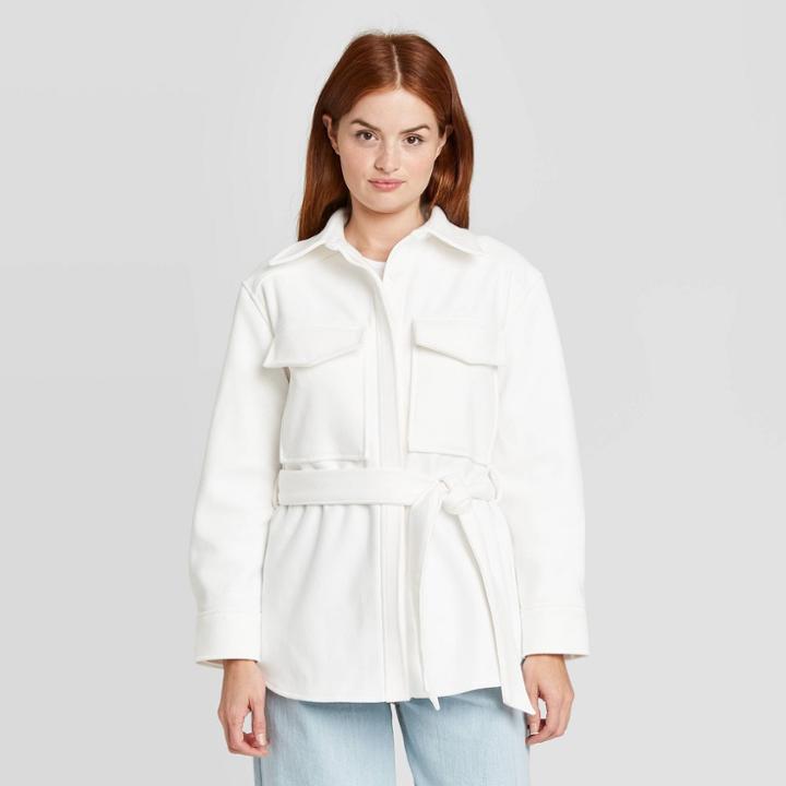 Women's Long Sleeve Belted Herringbone Shirt Jacket - Prologue White