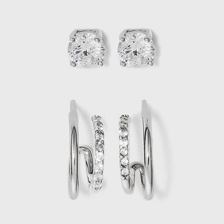 Sterling Silver Cubic Zirconia Double Post Hoop Earring Set 2pc - A New Day