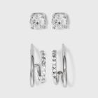 Sterling Silver Cubic Zirconia Double Post Hoop Earring Set 2pc - A New Day