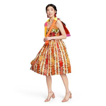 Women's Floral Print Sleeveless Square Neck Pleated Dress - Isaac Mizrahi For Target Red/orange Xs, Women's, Orange Red