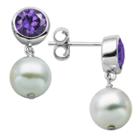 Prime Art & Jewel Sterling Silver Genuine White Pearl And Genuine Bezel Set Amethyst Post Earrings, Girl's, Silver/amethyst