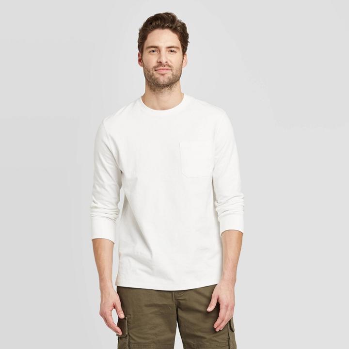 Men's Standard Fit Long Sleeve Crew Neck T-shirt - Goodfellow & Co White S, Men's,