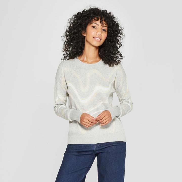 Women's Printed Metallic Pullover Sweater - A New Day Pale Gray