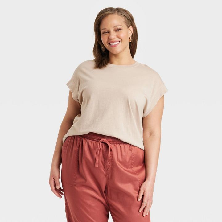 Women's Plus Size Short Sleeve Extended Shoulder T-shirt - A New Day Beige
