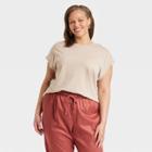 Women's Plus Size Short Sleeve Extended Shoulder T-shirt - A New Day Beige