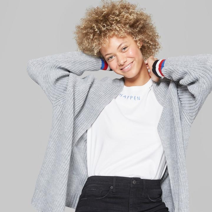 Women's Striped Ribbed Cardigan With Sport Cuffs - Wild Fable Heather Gray