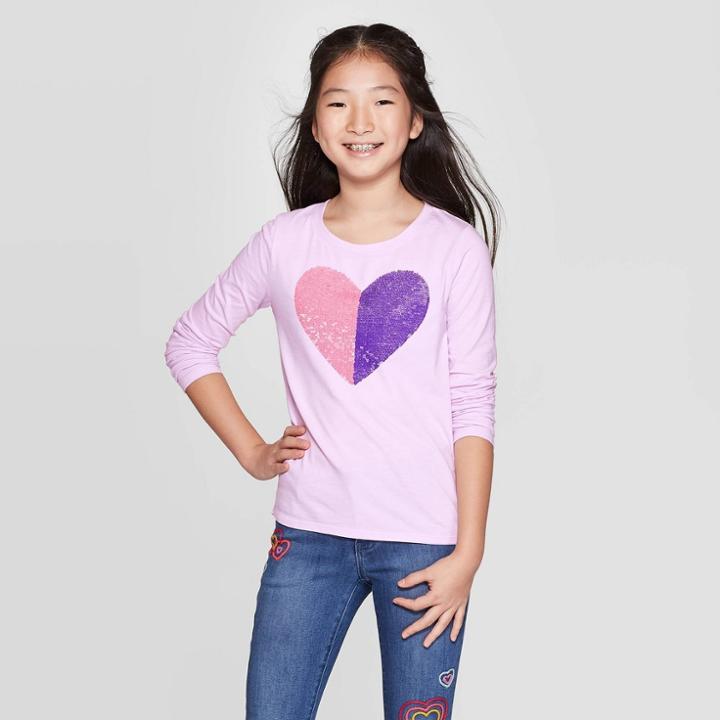 Girls' Long Sleeve Flip Sequin Heart T-shirt - Cat & Jack Lilac Xs, Girl's, Purple