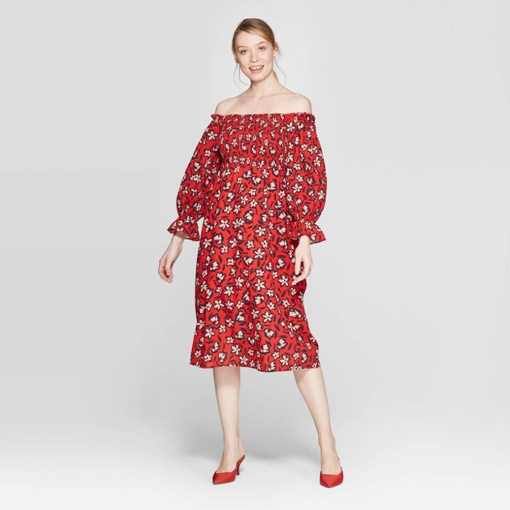 Women's Floral Print Off The Shoulder Long Sleeve Shirred Midi A Line Dress - Who What Wear Red