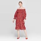 Women's Floral Print Off The Shoulder Long Sleeve Shirred Midi A Line Dress - Who What Wear Red