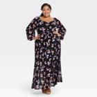 Women's Plus Size Balloon Long Sleeve Cinched Mesh Dress - Ava & Viv Black Floral X