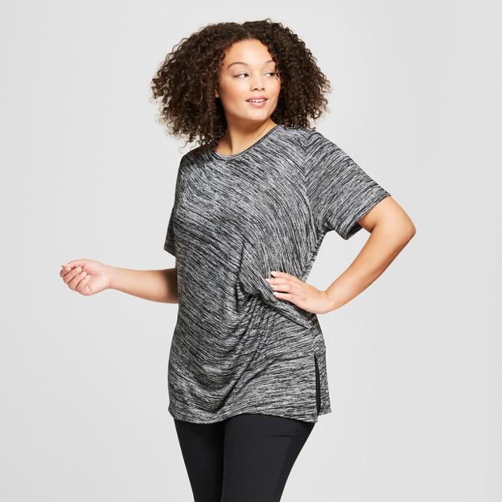 Women's Plus Size Marled Ruched Short Sleeve T-shirt - Ava & Viv Black/white X