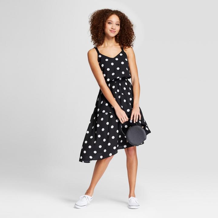 Women's Polka Dot Sleeveless Ruffle Skirt Dress - A New Day Black