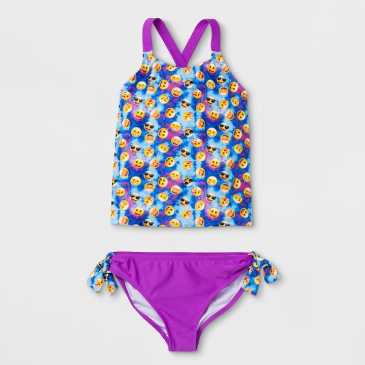 Girls' Emoji Say Cheese Tankini Set - Purple
