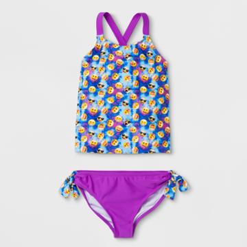 Girls' Emoji Say Cheese Tankini Set - Purple